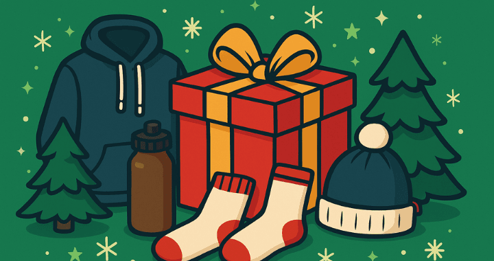 Cartoon-style illustration of holiday company swag ideas including hoodie, socks, beanie, water bottle, and a gift box with Christmas trees in the background.