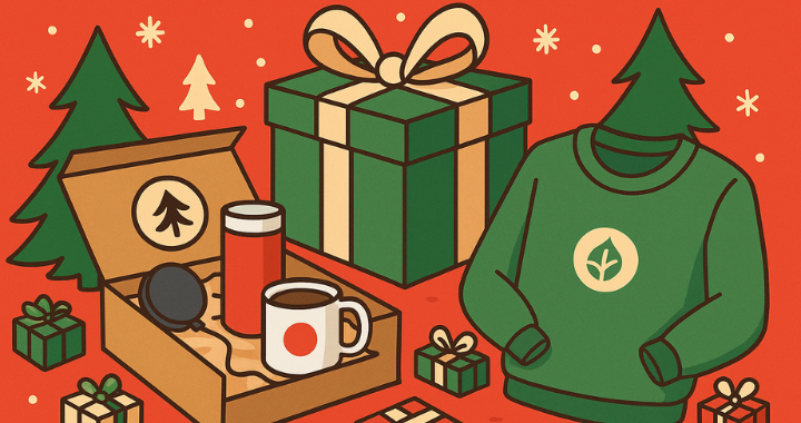Cartoon illustration of a corporate holiday gift guide with festive items like a branded mug, sweater, gift box, and tech accessories on a red holiday background