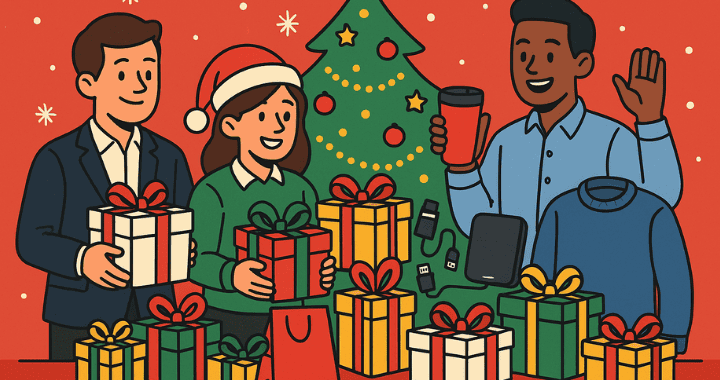 Cartoon-style illustration of corporate holiday gifts being exchanged in a festive office setting, featuring branded items and Christmas decorations to reflect seasonal gifting campaigns.