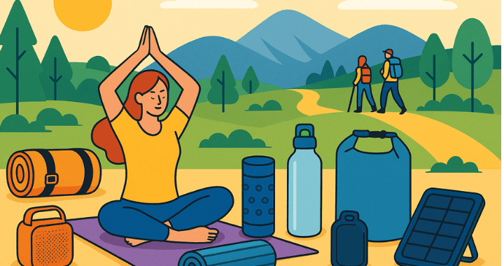 Cartoon-style illustration of outdoor lifestyle gifts arranged in nature