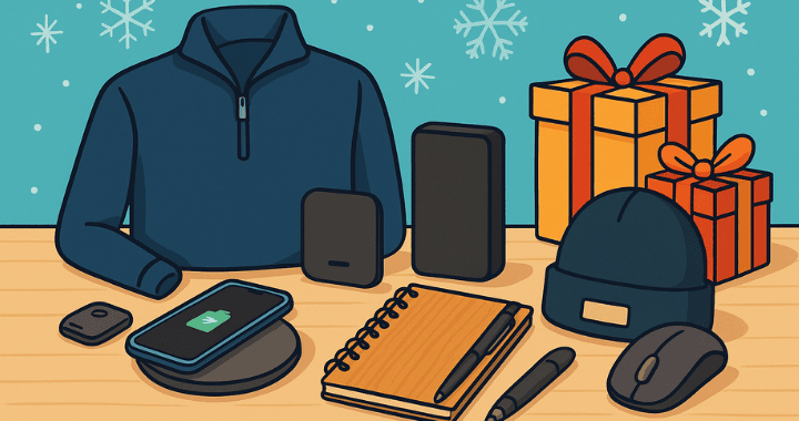 Cartoon-style illustration of the best corporate swag gifts, including a branded pullover, wireless charger, tech gadgets, notebook, pen, beanie, and gift boxes on a wooden surface with a festive winter backdrop.