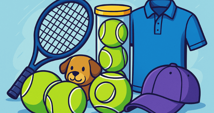 Cartoon-style illustration featuring branded tennis balls, a tennis racket, pet tennis ball, blue polo shirt, and purple cap arranged on a light blue background.