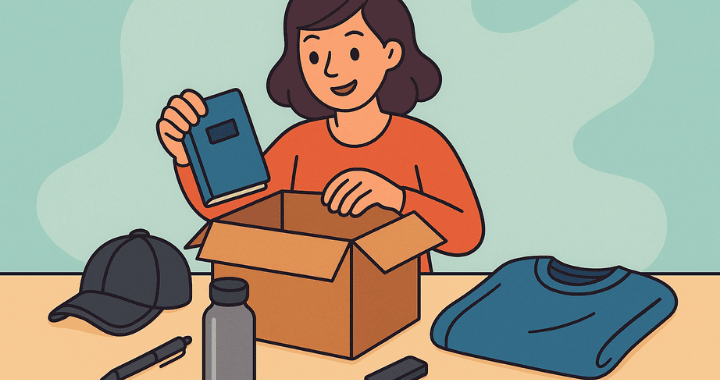 Cartoon-style illustration of a woman assembling a swag kit at a table