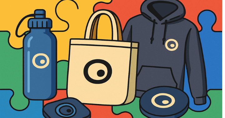 cartoon-style illustration of branded merchandise designed with color psychology in branded merchandise