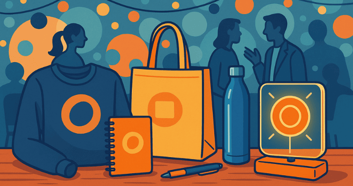 A wide cartoon-style illustration of marketing agency swag on a wooden table