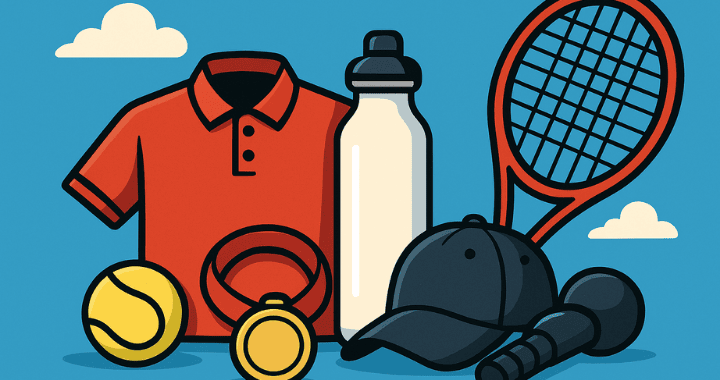 Cartoon-style illustration of sports merchandise representing a swag strategy for sports organizations, including a polo shirt, cap, racket, medal, and bottle.