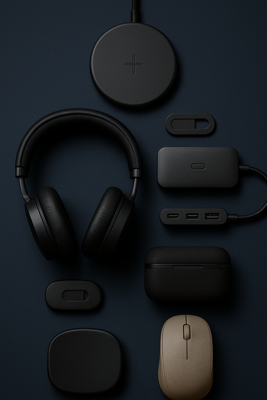 Flat lay of six modern tech swag items including wireless charging pad, noise-cancelling headphones, USB-C hub, webcam cover, Bluetooth speaker, and eco-friendly wireless mouse on a navy background