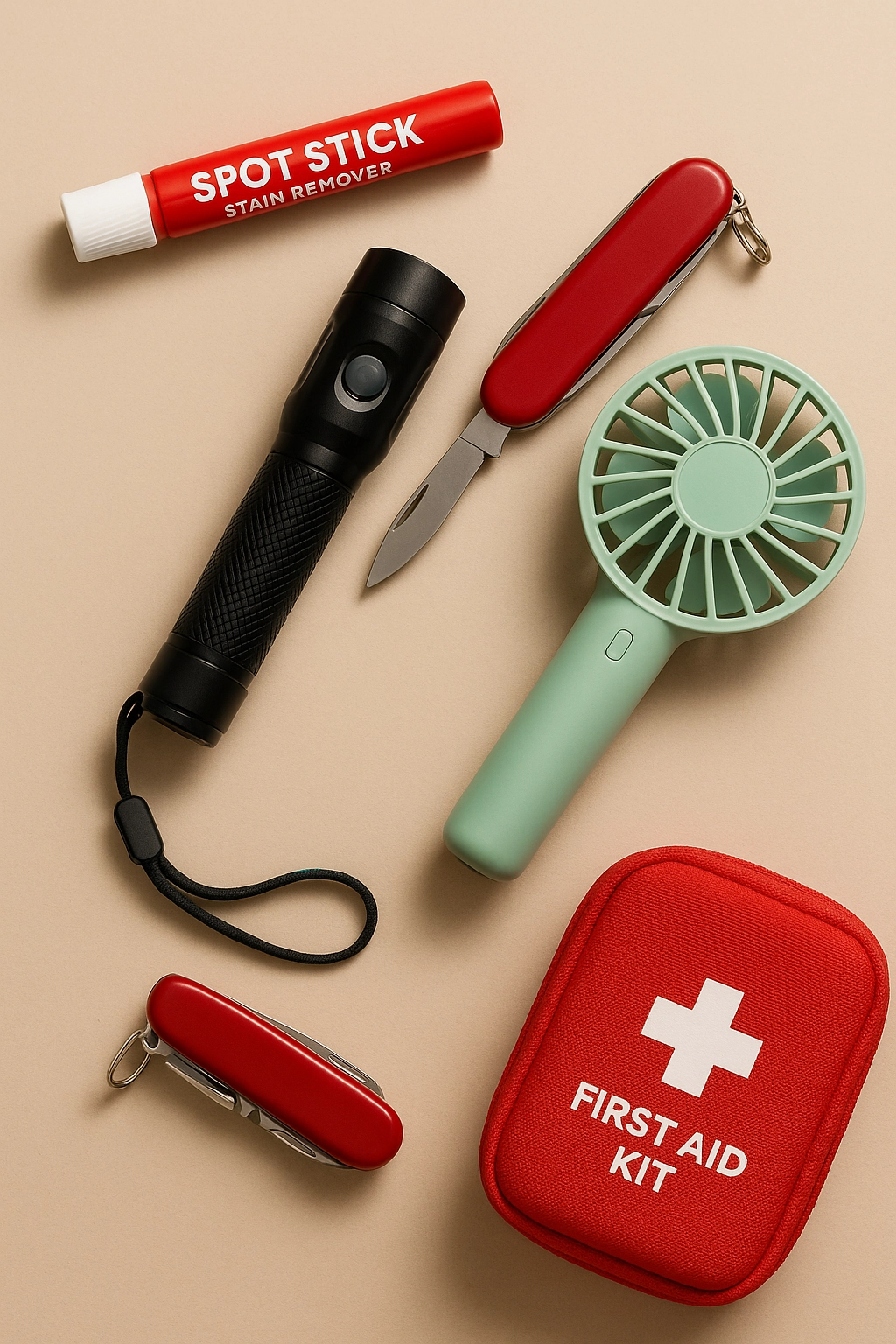A flat lay of useful company swag items including