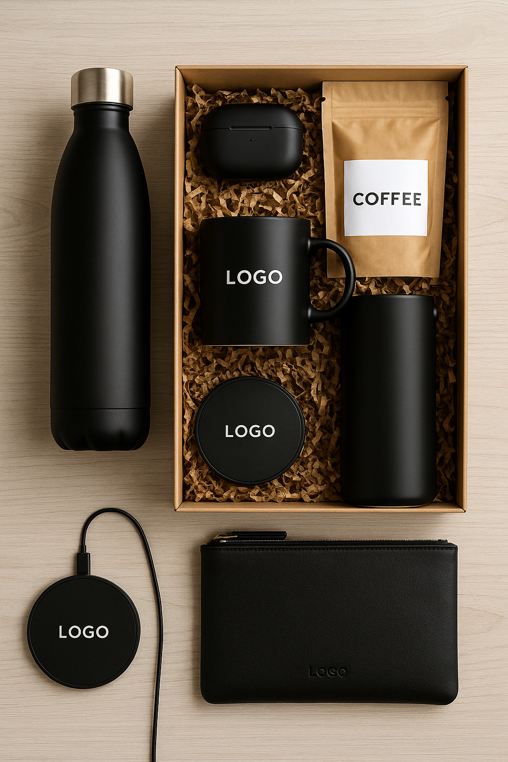 Premium client gift set featuring wireless charger, water bottle, and branded accessories as part of client gifting strategies