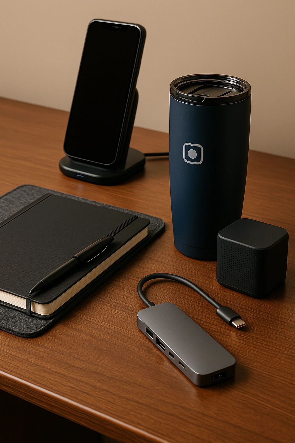 A branded merchandise strategy photo featuring a wireless charging stand, felt desk mat, notebook with pen, navy tumbler, Bluetooth speaker, and USB-C hub arranged on a wooden desk.