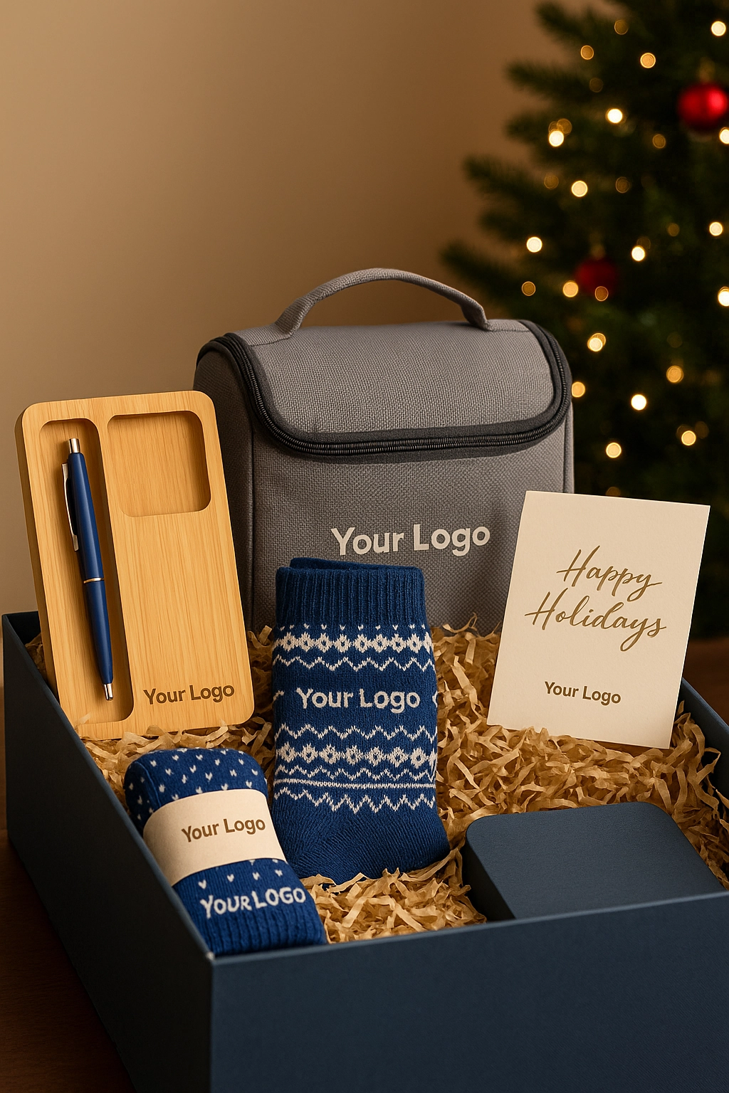 Low-cost holiday swag kit with organized gifts by budget, including lunch tote, socks, and desk supplies under a Christmas tree.
