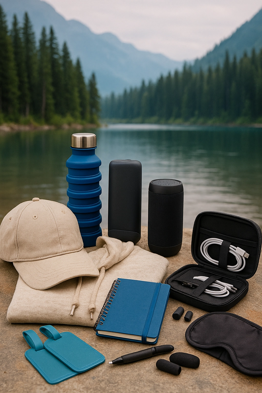Branded company retreat swag items arranged on a stone surface near a tranquil lake, including a beige hoodie, tan cap, collapsible blue water bottle, Bluetooth speaker, travel cable organizer, journal, luggage tags, pen, and eye mask, with pine trees and mountains in the background.