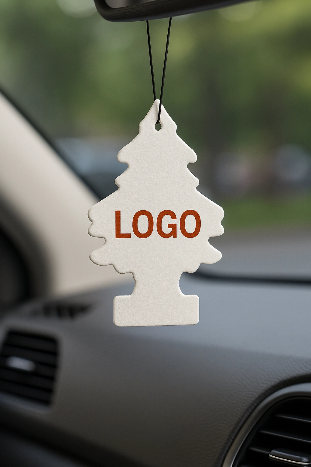 Custom air freshener with logo hanging from a rearview mirror inside a car, with blurred green background