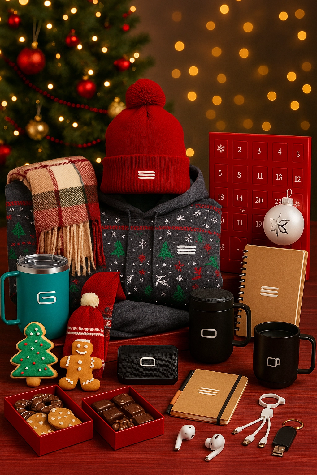 A holiday-themed arrangement of corporate Christmas gift items