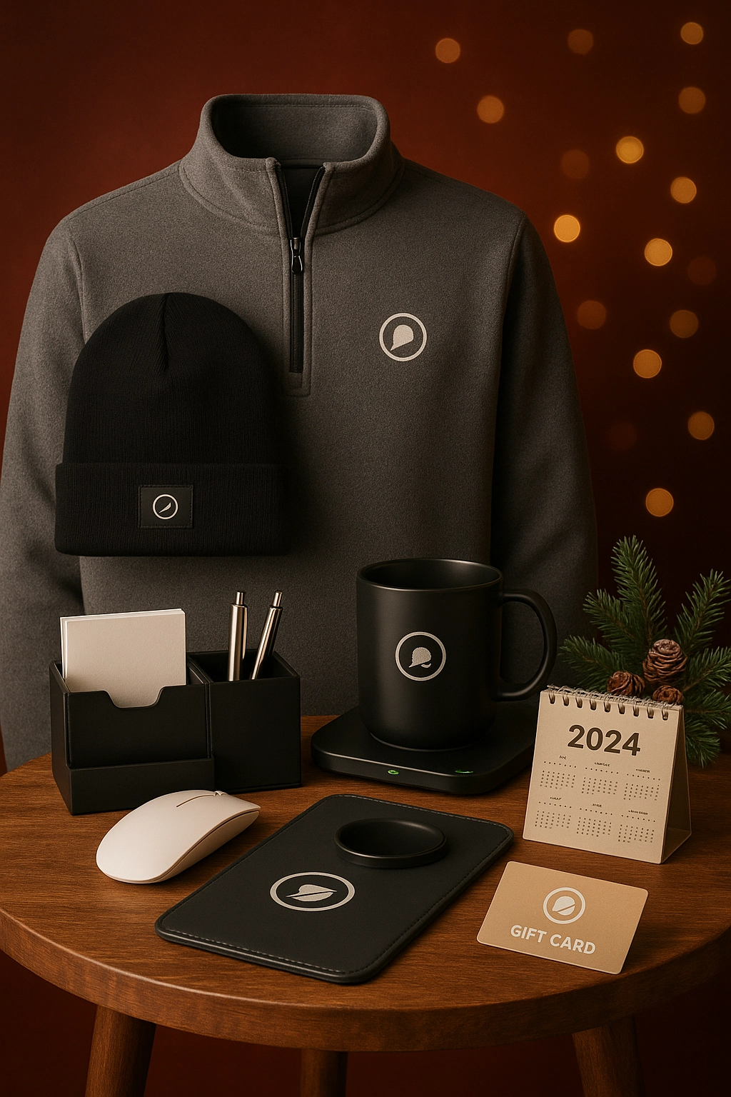 A festive flat lay of branded apparel, drinkware, and tech gifts showcasing year end swag ideas for Q4 corporate gifting.