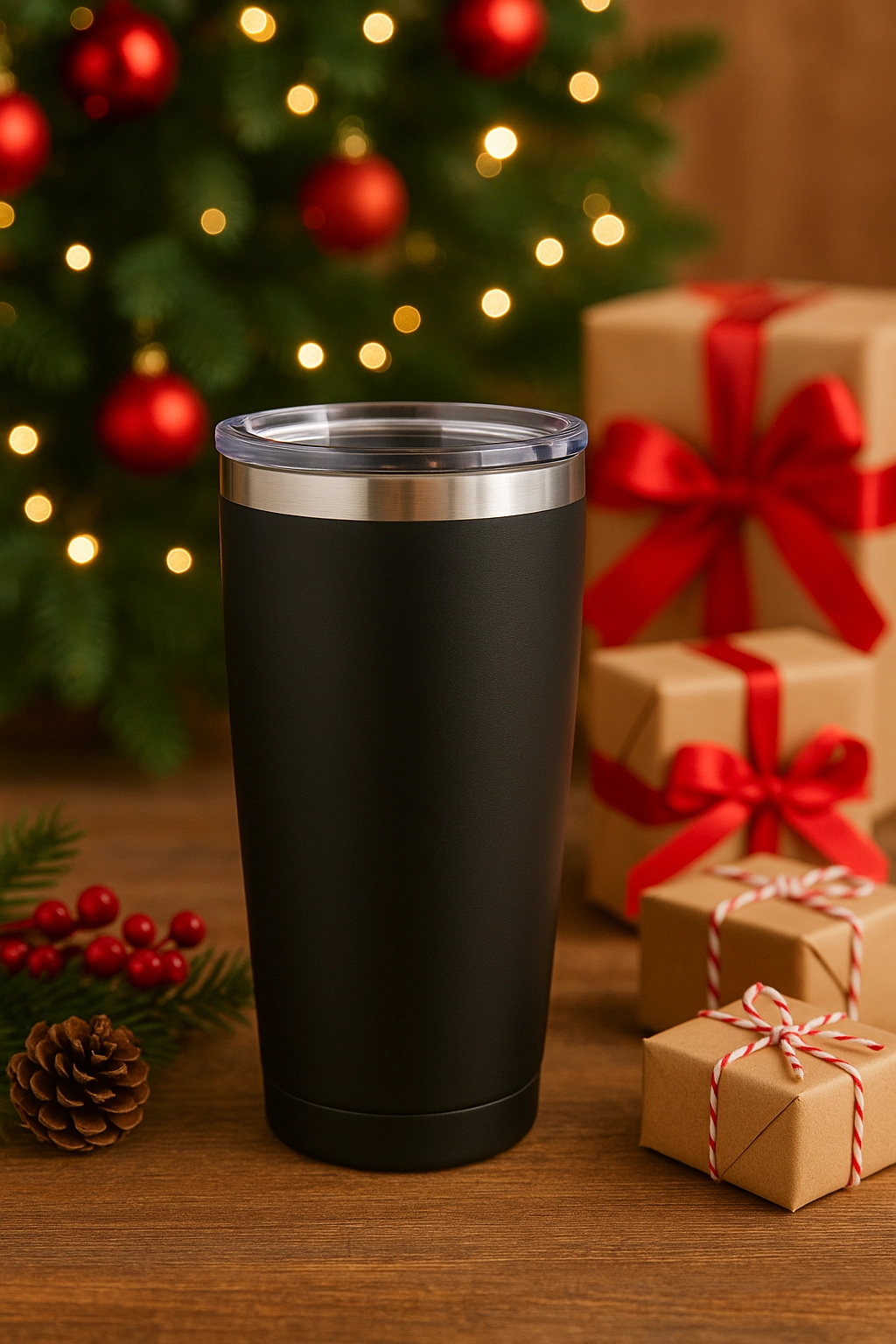 Black stainless steel tumbler featured as a quick-ship holiday gift, surrounded by wrapped presents, pinecones, and a lit Christmas tree in a festive setting.