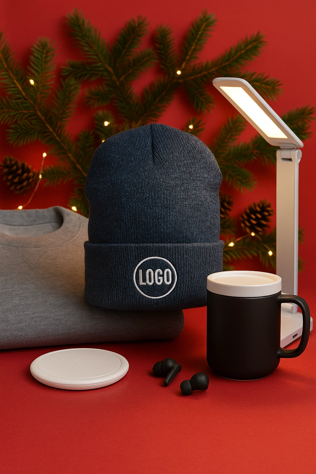 Holiday corporate swag strategy display featuring a custom knit beanie with logo, wireless charging pad, earbuds, LED desk lamp, and mug, arranged with festive evergreen accents.