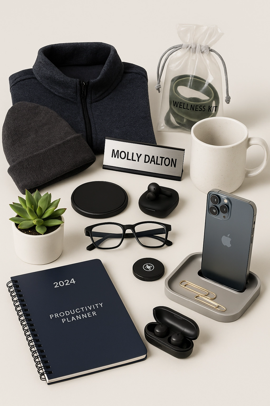 A tall flat-lay photo of new year office giveaways including a branded planner, wireless earbuds, name plate, wellness kit, mug, beanie, desk organizer, and phone stand arranged on a neutral background.