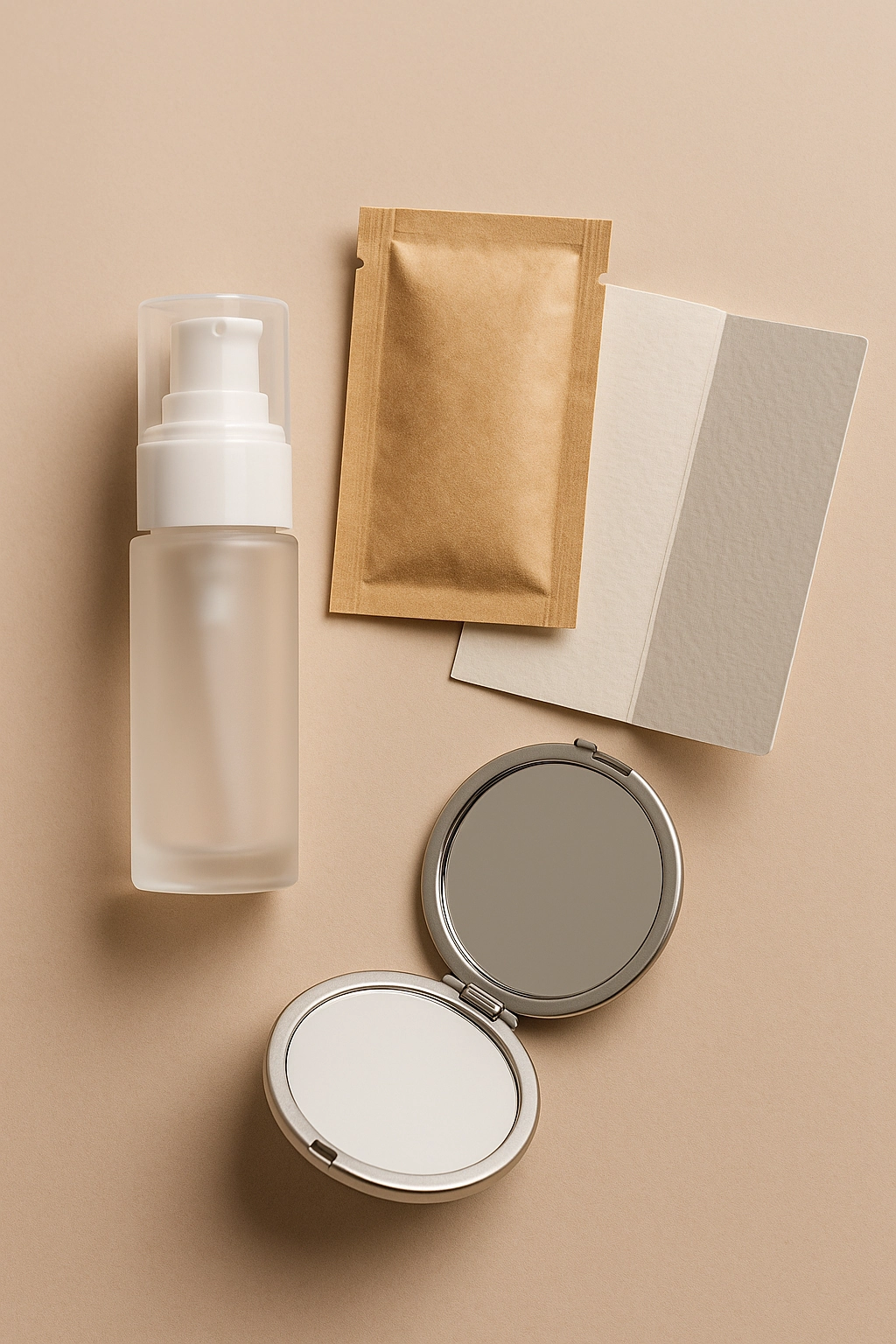 Flat lay of skincare swag items including a frosted airless pump bottle, recyclable kraft sample sachet, linen instruction card, and compact mirror on a neutral background, representing elegant skincare swag ideas