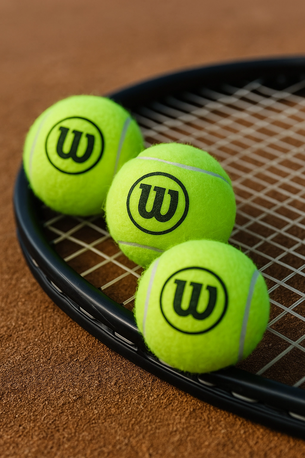 Close-up of three fluorescent branded tennis balls resting on a black tennis racket