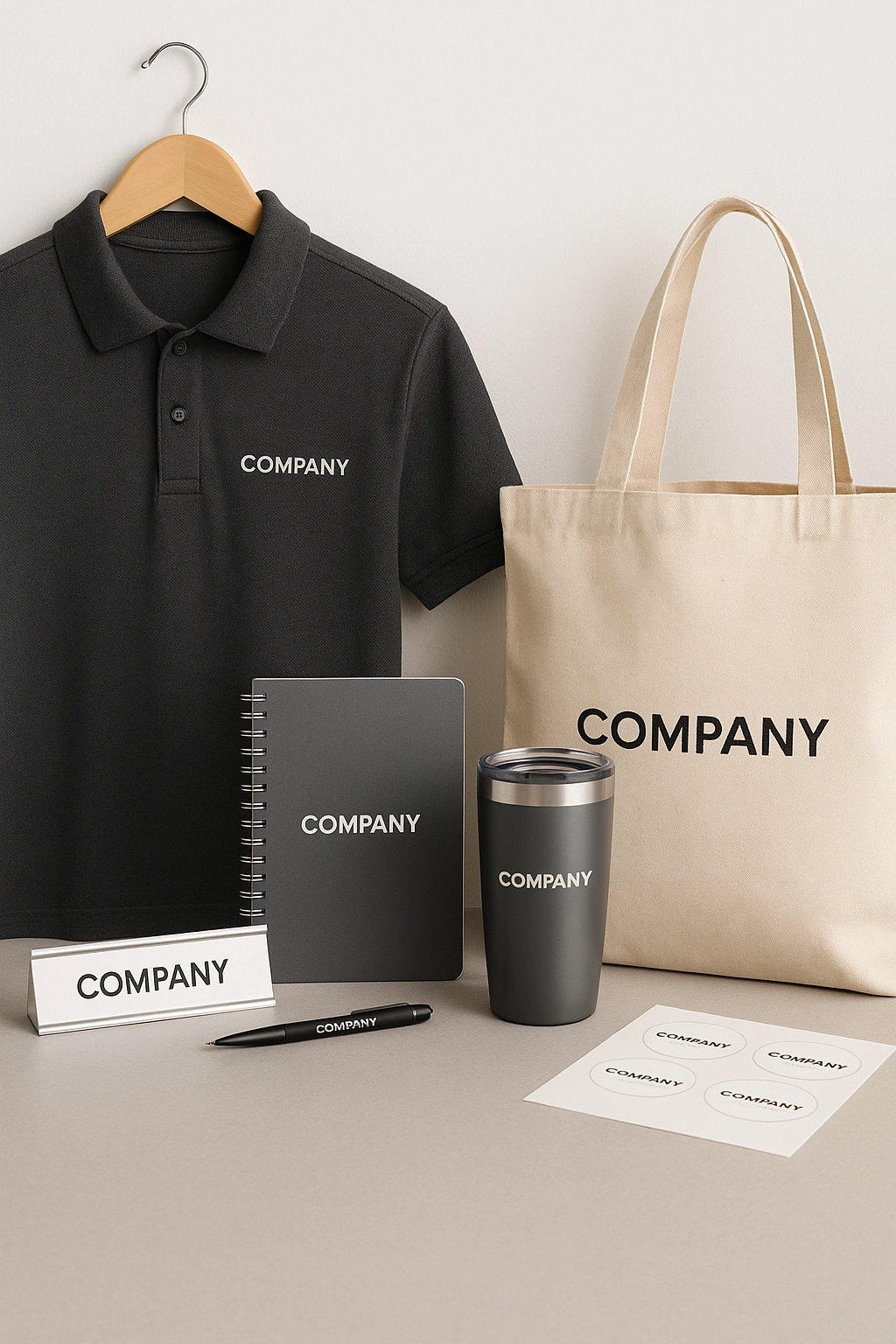A flat lay of corporate swag items including a branded polo, tumbler, notebook, tote bag, nameplate, and pen, representing a cohesive branded merch brand identity.