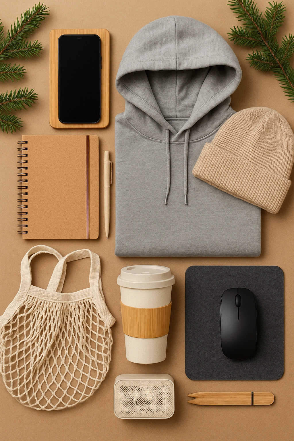 A flat lay of eco-friendly holiday giveaways including a bamboo wireless charger, organic cotton hoodie, reusable mug, cork notebook, recycled beanie, and other sustainable swag items on a kraft paper background with pine branches.
