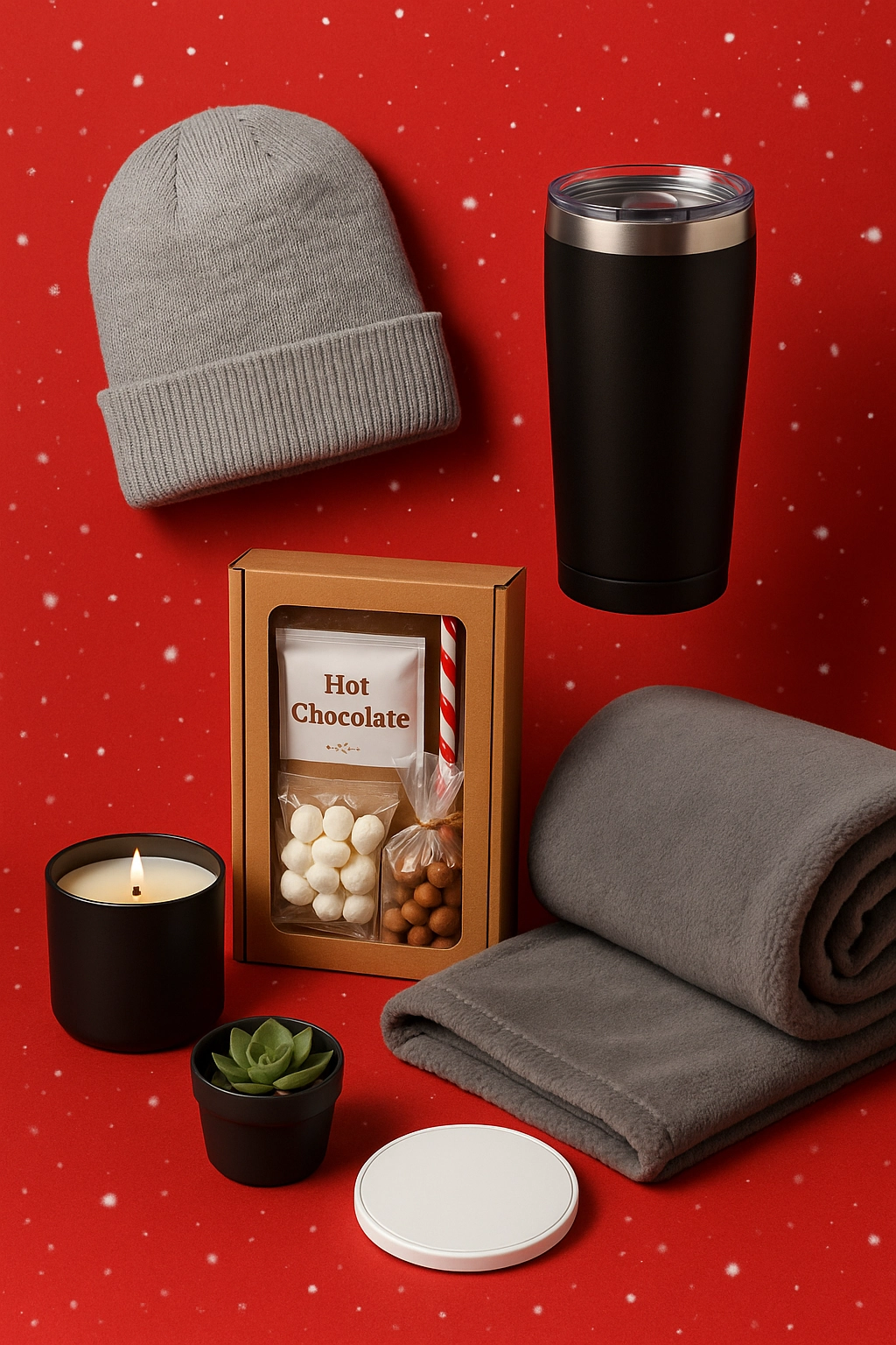 A festive flat lay of holiday promotional products including a gray beanie, black travel tumbler, hot chocolate kit, fleece blanket, scented candle, succulent plant, and wireless charger on a red snowy background.
