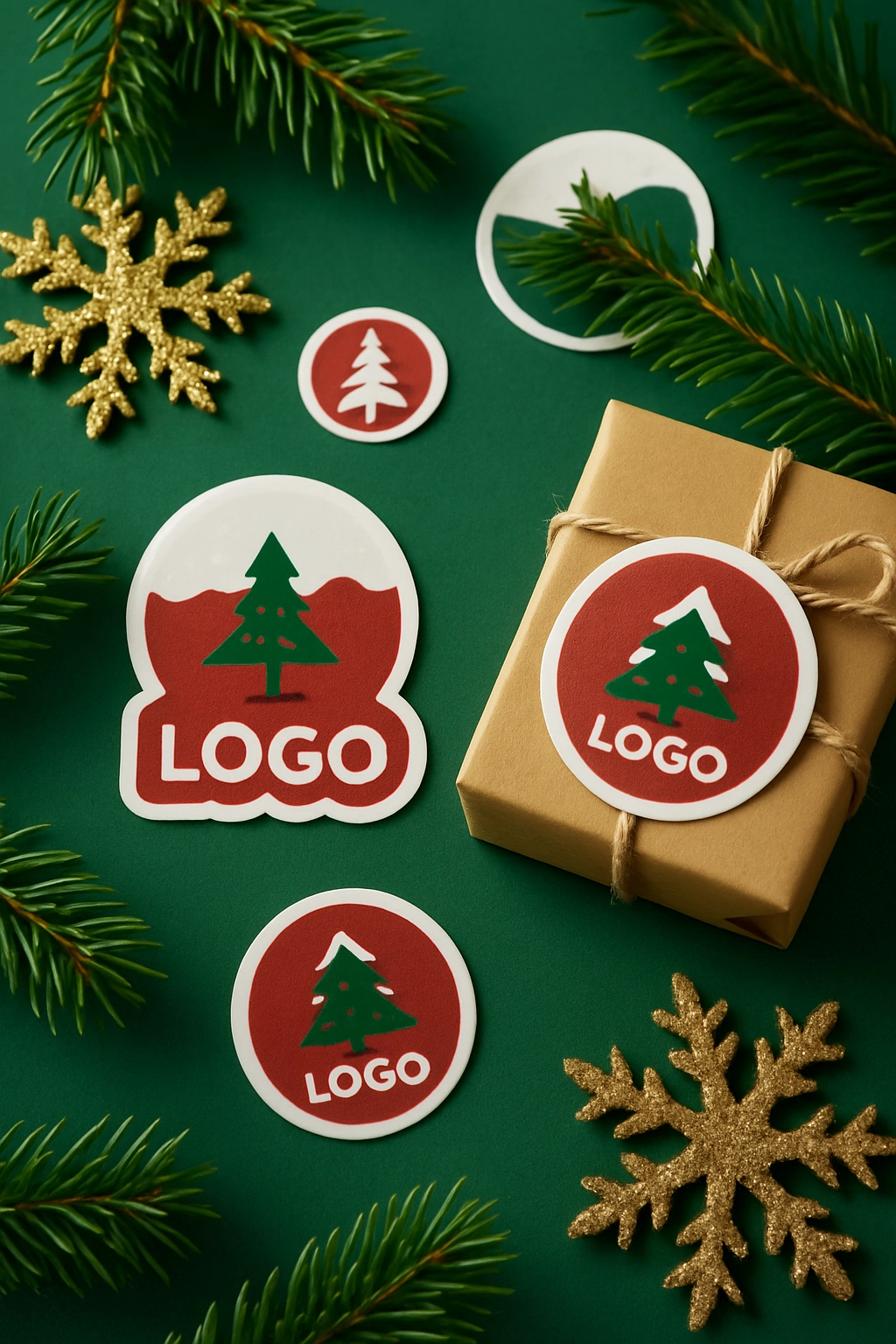 Holiday-themed flat lay featuring custom logo stickers with Christmas tree designs on a green background, surrounded by fir branches, gift wrap, and golden snowflakes.
