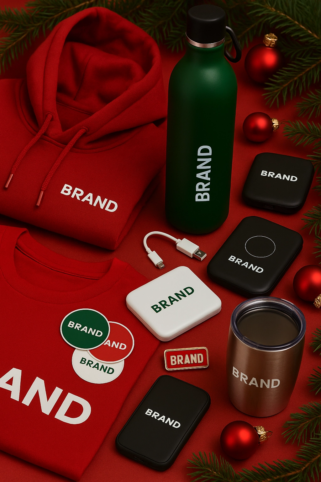 A holiday-themed flat lay of branded merchandise including a red hoodie, green stainless steel bottle, wireless chargers, and tech accessories — perfect for showcasing everything swag every budget gifting ideas.