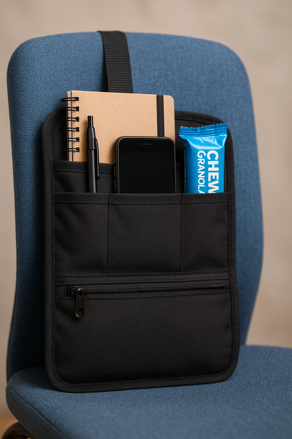 clever conference swag items including a seat organizer with notebook, phone, pen, and snack on a chair