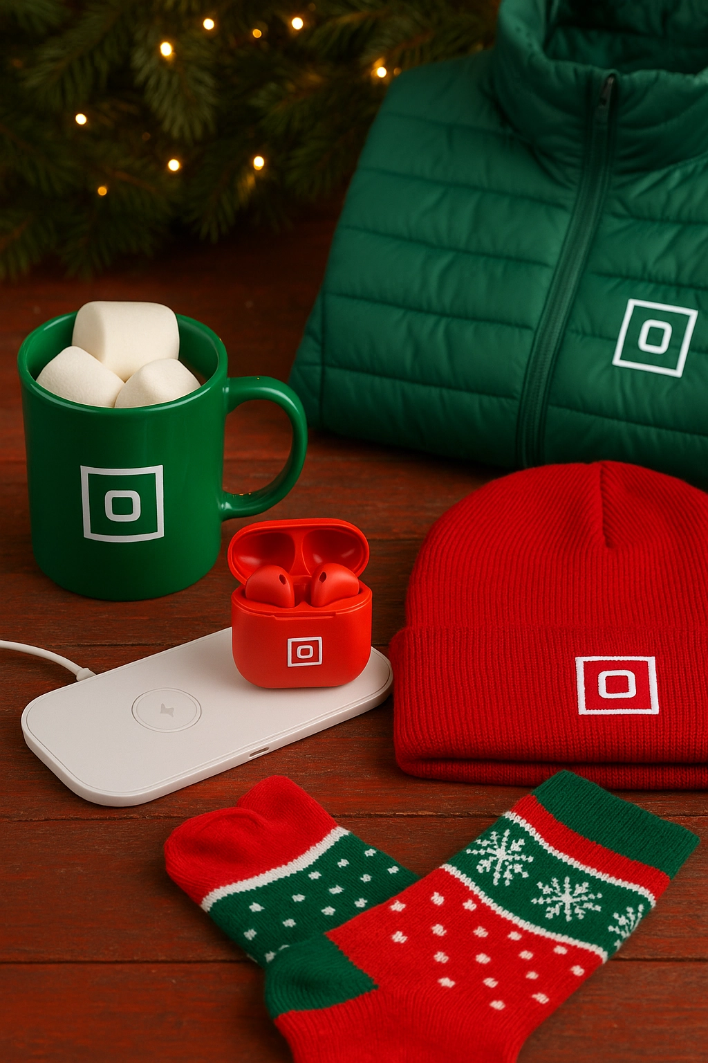 Branded holiday gift ideas including a green mug with marshmallows, red earbuds, wireless charger, red knit beanie, festive socks, and a green puffer vest on a holiday-themed background with pine branches and warm lights.