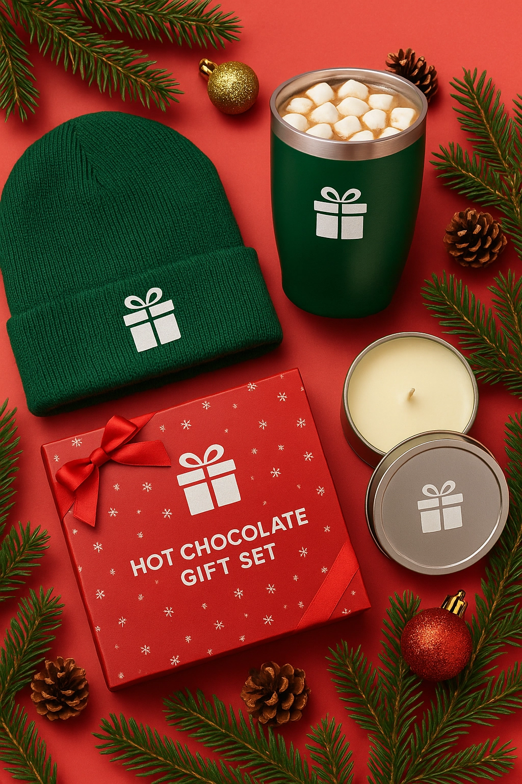 Holiday event swag ideas including a green beanie, stainless steel tumbler, hot chocolate gift set, and scented candle arranged on a red festive background with pine branches and ornaments.