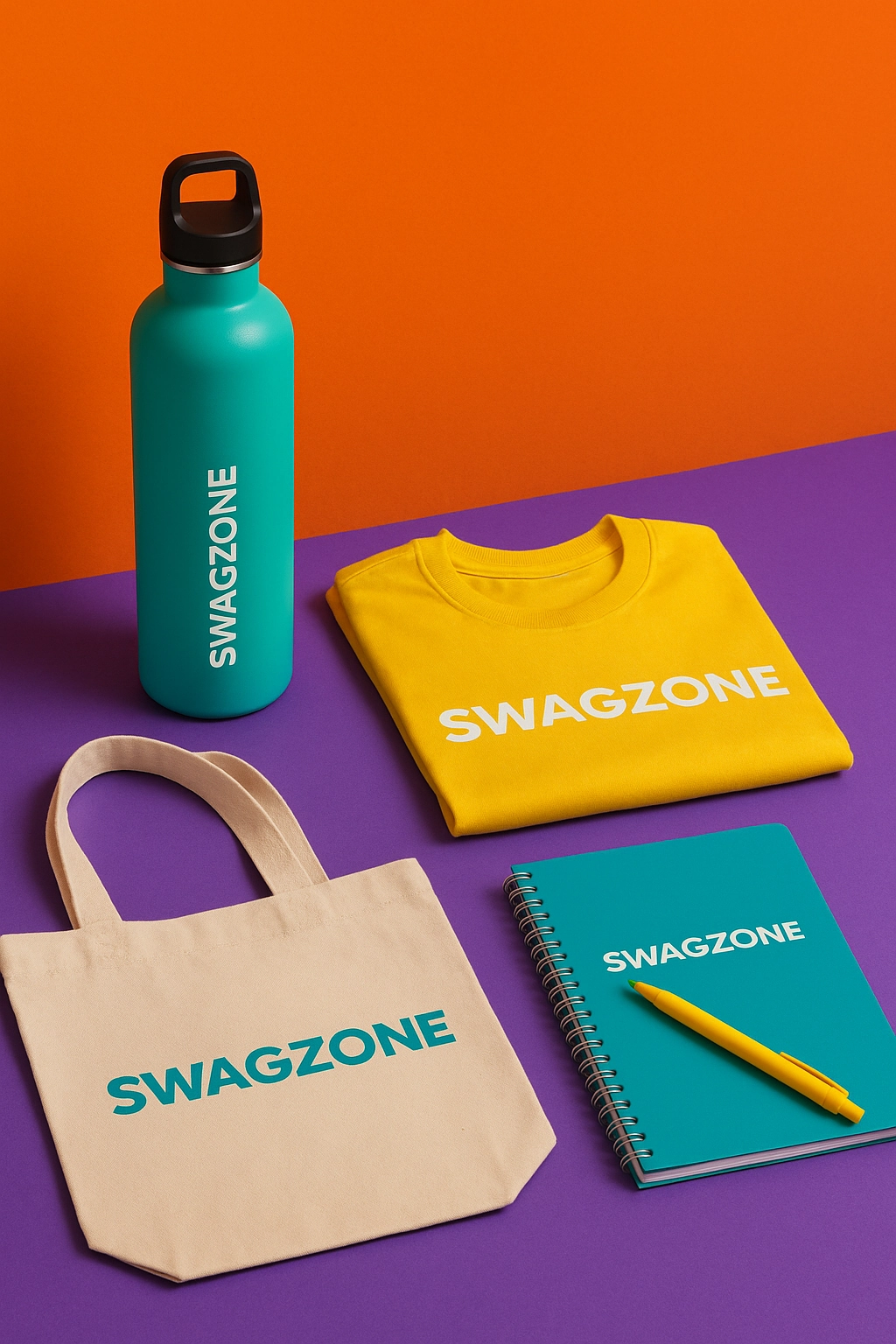 A colorful flat lay of rush custom swag items including a branded water bottle, yellow t-shirt, canvas tote bag, and teal notebook, all featuring the SwagZone logo on a vibrant orange and purple background.