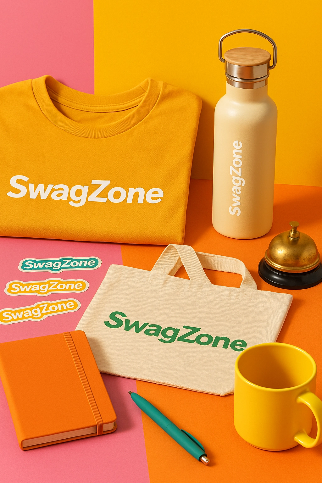 A collection of branded promotional merchandise displayed on a colorful background, featuring a t-shirt, stainless steel bottle, tote bag, and office items, styled to represent a swag concierge service.