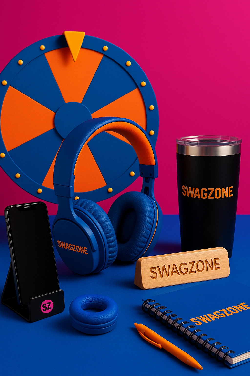 A tall display of booth games + swag combos featuring branded headphones, tumbler, phone stand, and a colorful prize wheel on a bold magenta and blue background.