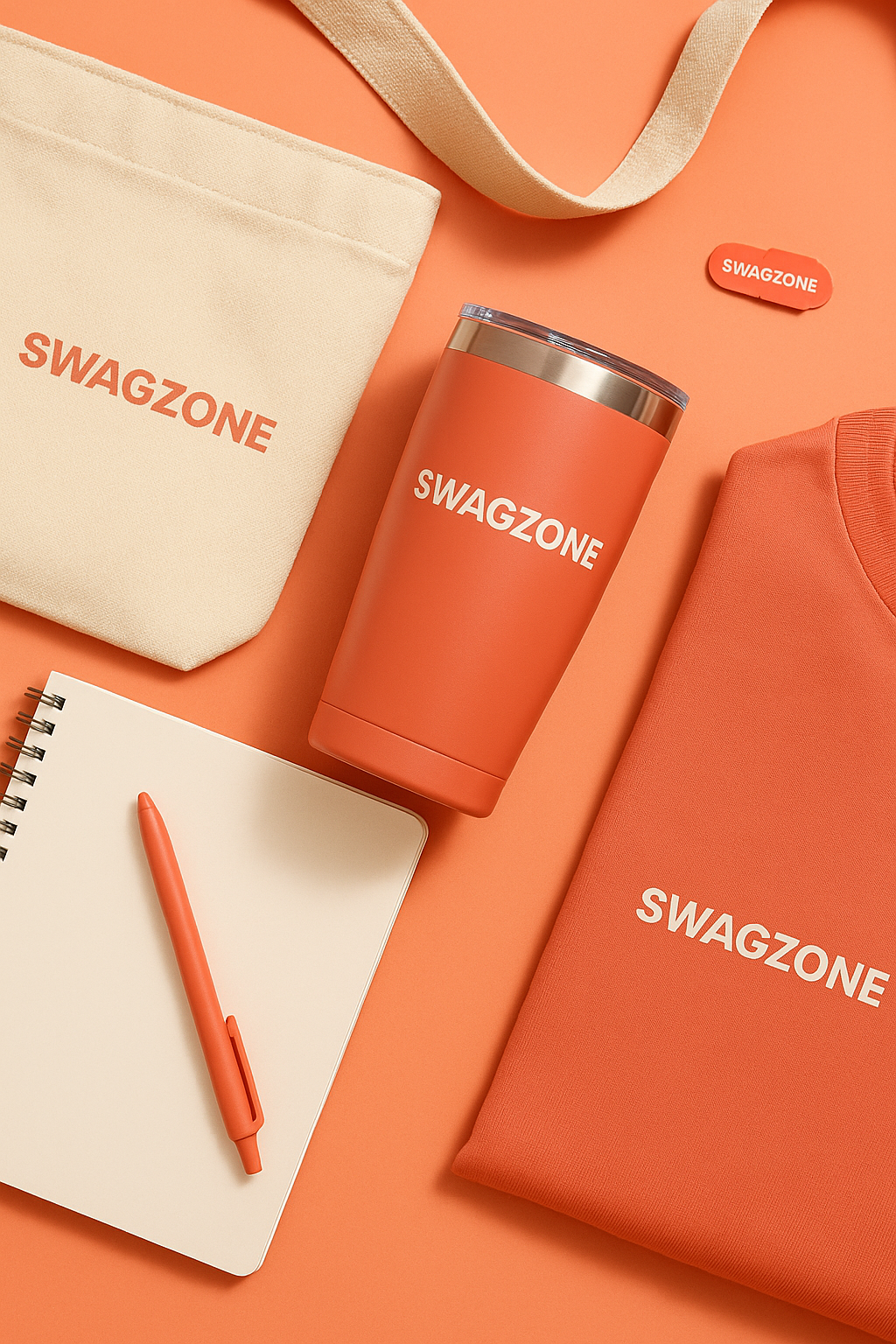 Branded merchandise displayed for a swag refresh 2026, including a SwagZone tumbler, tote bag, notebook, and sweatshirt on a coral background.
