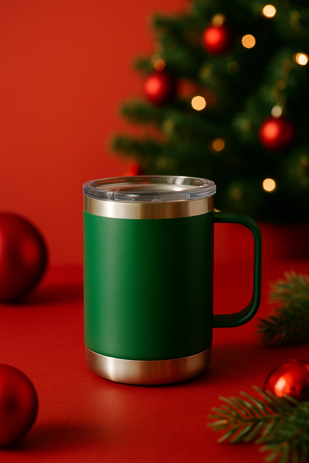 Holiday drinkware giveaways featuring a green stainless steel tumbler with handle, set against a festive red background with Christmas tree and ornaments