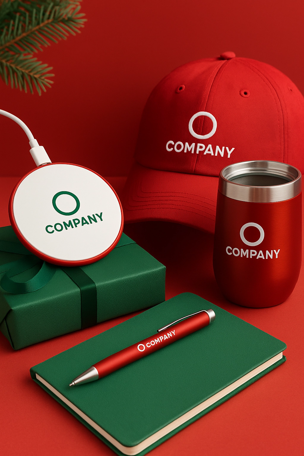 Branded holiday swag featuring a wireless charger, tumbler, hat, and pen — perfect for replacing business cards with branded swag during events.