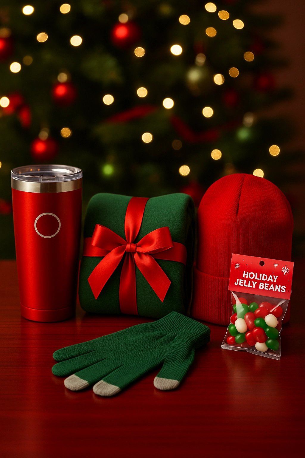 Rush event swag for holiday events including a red tumbler, green gloves, branded beanie, fleece blanket with ribbon, and festive jelly beans in front of a Christmas tree.
