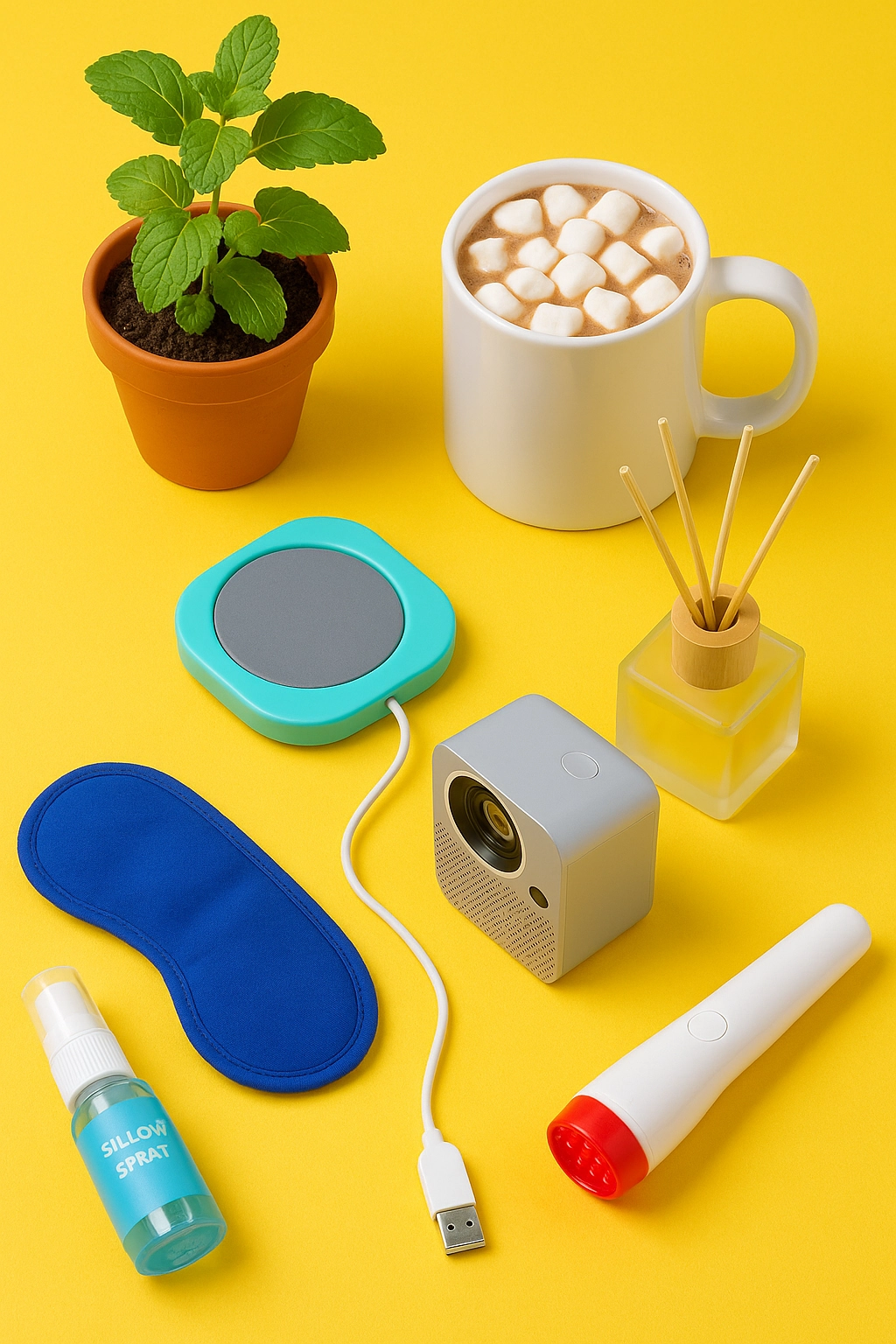 Unique corporate swag for holiday gifting including a colorful desk humidifier, herb garden kit, USB mug warmer, and scent diffuser arranged in bright festive colors.