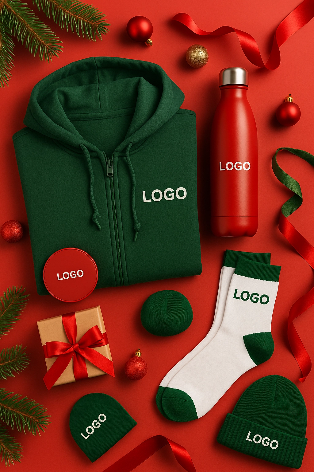Holiday company swag ideas including branded hoodie, socks, beanie, water bottle, and gift box arranged on a red Christmas background