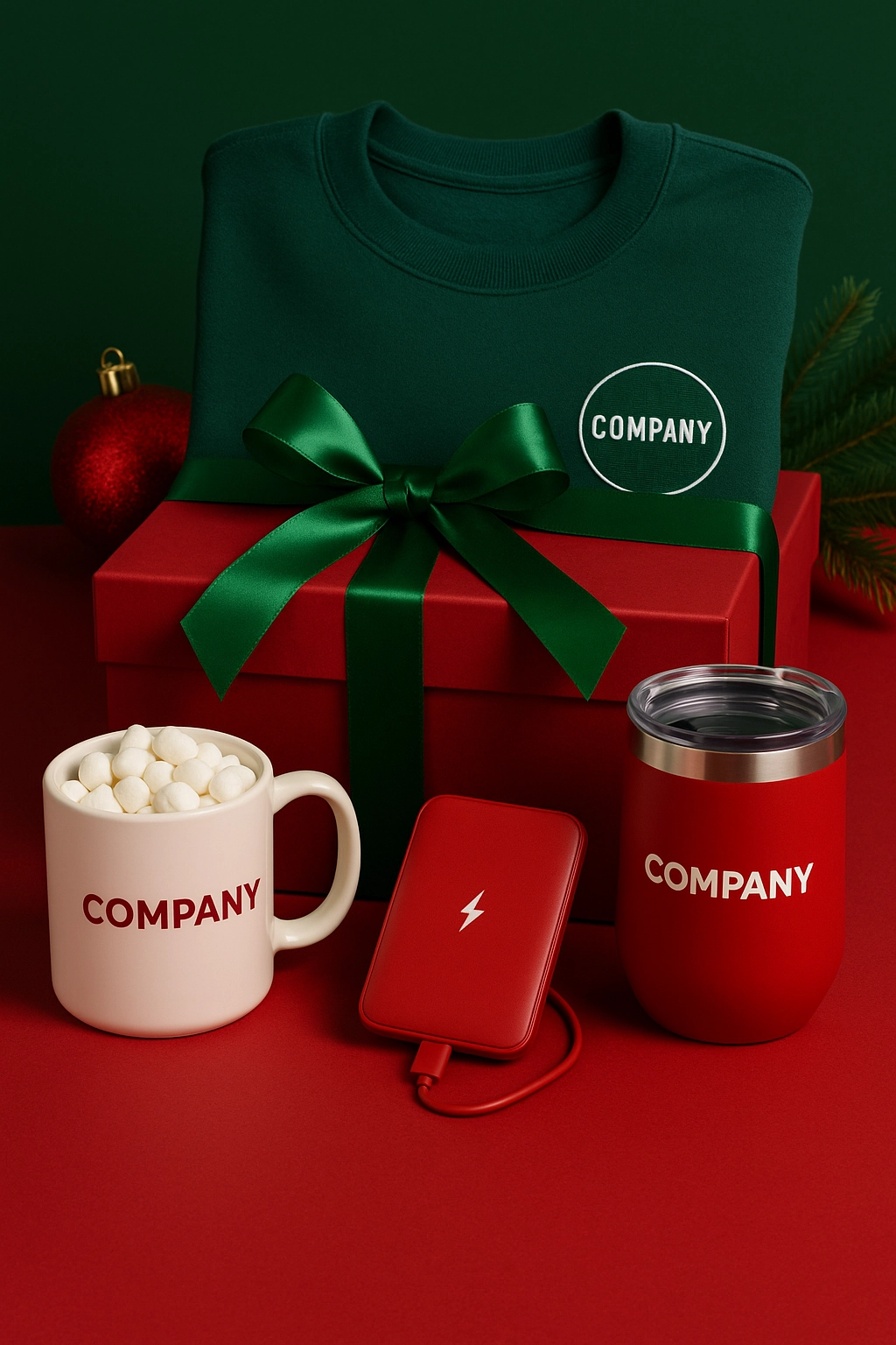 Corporate holiday gift guide items including a branded mug, tumbler, wireless charger, and green pullover in festive red and green Christmas packaging