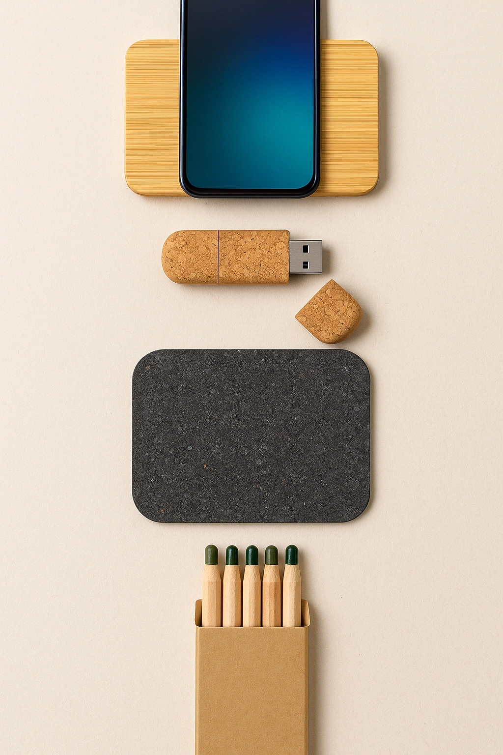 All eco swag featuring sustainable and recyclable desk items