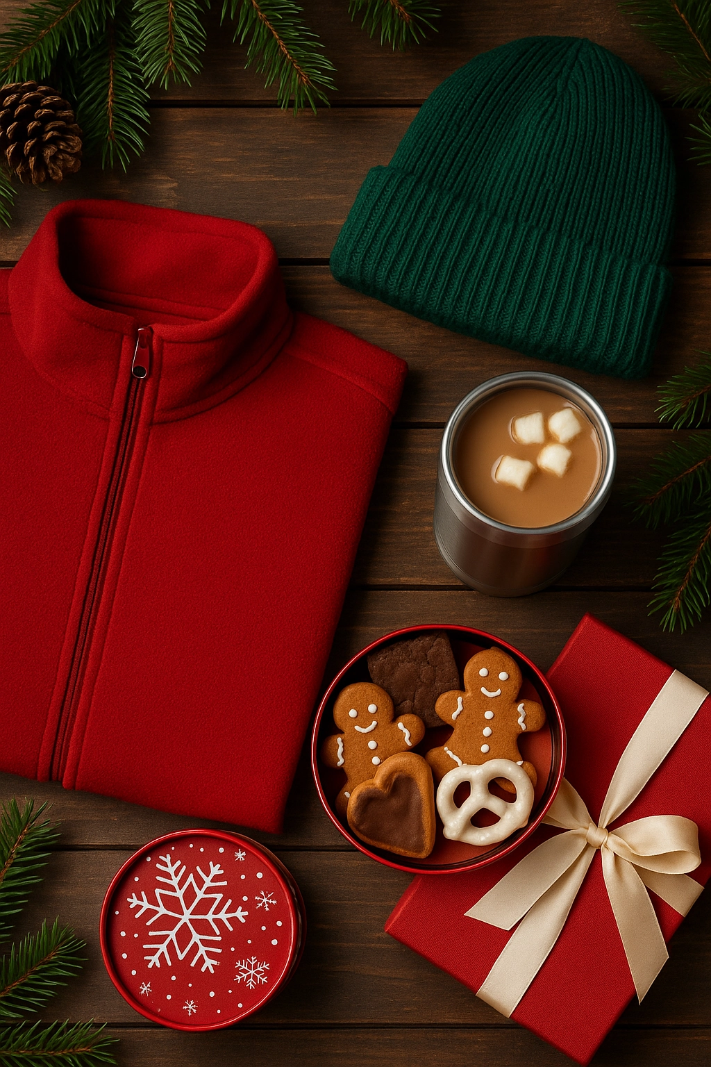 Tall display of corporate holiday gifts featuring branded winter apparel, tech gadgets, and festive packaging in Christmas colors, ideal for end-of-year gifting campaigns.