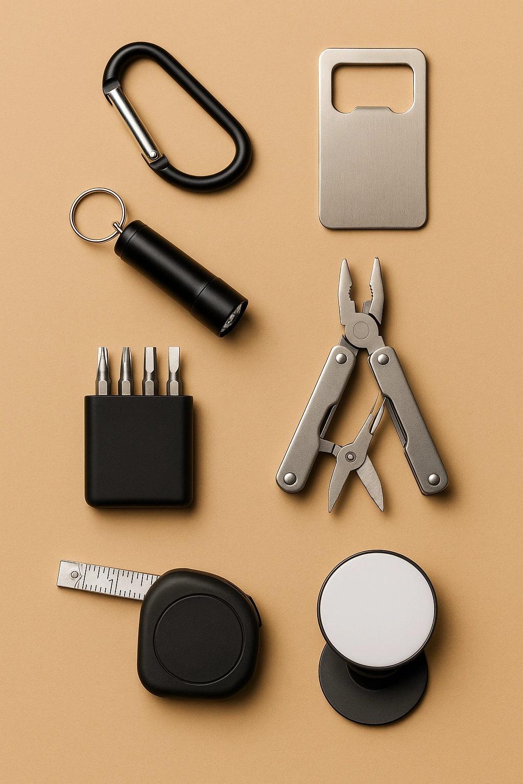 Flat lay image of assorted promotional nifty tools, all arranged on a beige background.