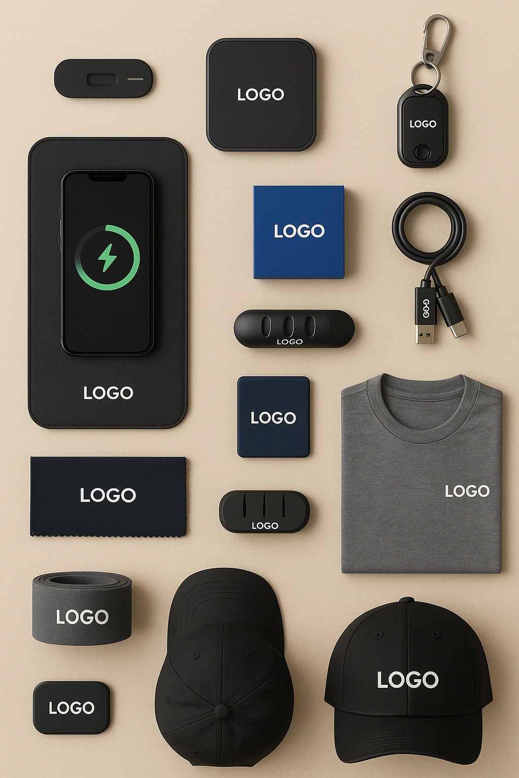 Branded tradeshow giveaways and office swag arranged on a neutral background