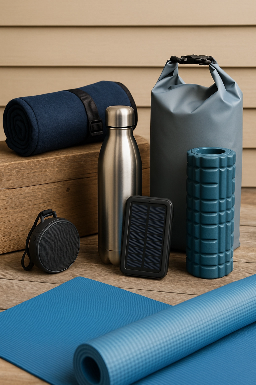 Flat lay of premium outdoor lifestyle gifts including a yoga mat, foam roller, stainless steel bottle, dry bag, Bluetooth speaker, and solar charger on wood background