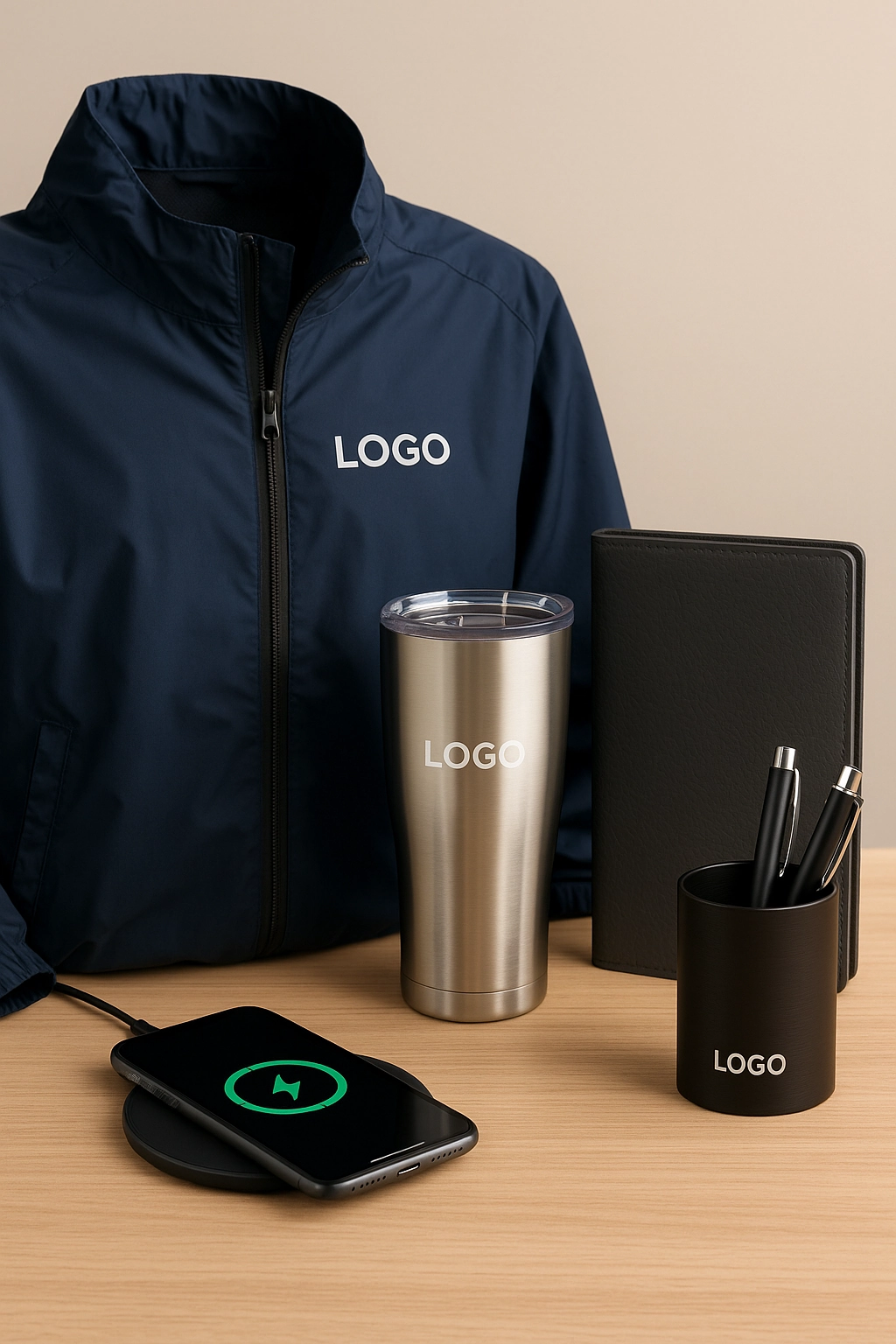 A collection of branded promotional products representing swag you keep for a lifetime