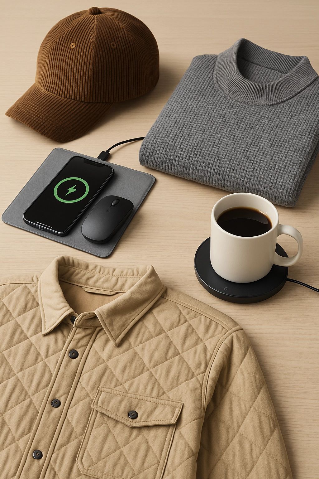 A top-down image of October Trending Swag items including a corduroy cap, quilted jacket, ribbed crewneck sweater, wireless charging mouse pad with phone and mouse, and a smart mug warmer on a light wood desk.