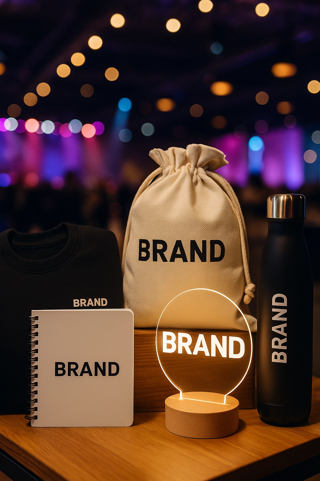 A tall product photograph of marketing agency swag displayed on a wooden table at an event